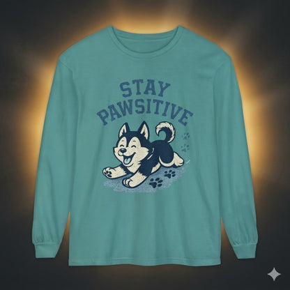 Men's "Stay Pawsitive" Husky Long Sleeve Tee | Premium Dog Dad Streetwear