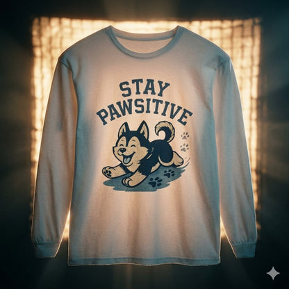 Men's "Stay Pawsitive" Husky Long Sleeve Tee | Premium Dog Dad Streetwear