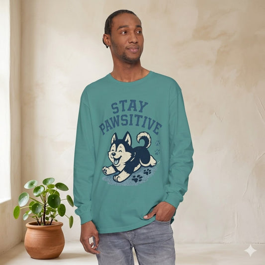 Men's "Stay Pawsitive" Husky Long Sleeve Tee | Premium Dog Dad Streetwear