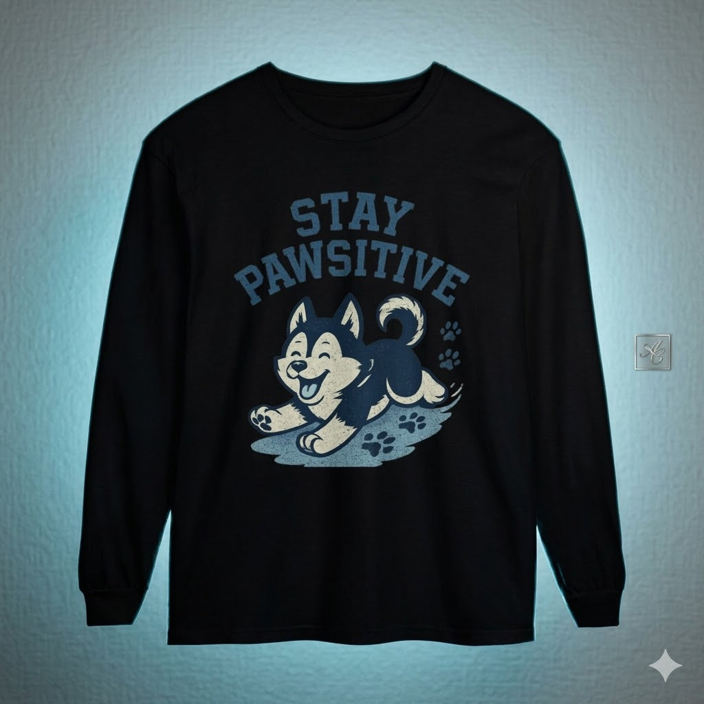 Men's "Stay Pawsitive" Husky Long Sleeve Tee | Premium Dog Dad Streetwear
