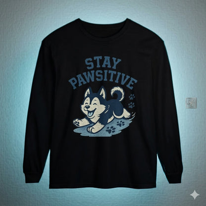 Men's "Stay Pawsitive" Husky Long Sleeve Tee | Premium Dog Dad Streetwear