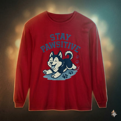 Men's "Stay Pawsitive" Husky Long Sleeve Tee | Premium Dog Dad Streetwear