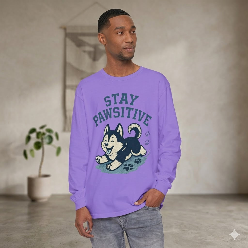 Men's "Stay Pawsitive" Husky Long Sleeve Tee | Premium Dog Dad Streetwear