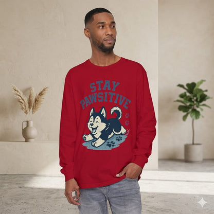 Men's "Stay Pawsitive" Husky Long Sleeve Tee | Premium Dog Dad Streetwear