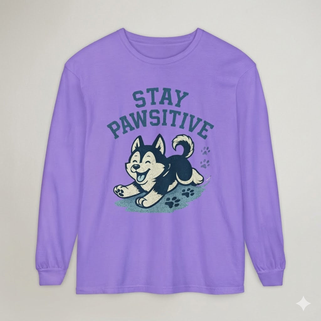 Men's "Stay Pawsitive" Husky Long Sleeve Tee | Premium Dog Dad Streetwear