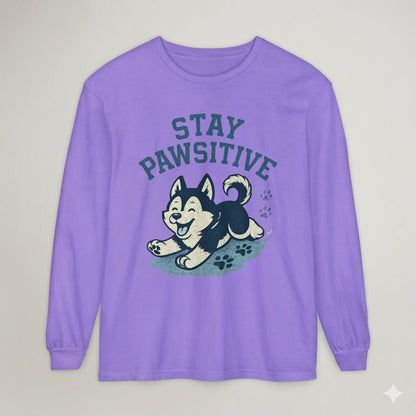 Men's "Stay Pawsitive" Husky Long Sleeve Tee | Premium Dog Dad Streetwear