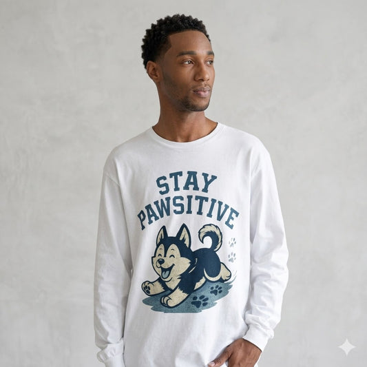 Men's "Stay Pawsitive" Husky Long Sleeve Tee | Premium Dog Dad Streetwear