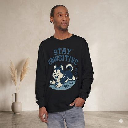 Men's "Stay Pawsitive" Husky Long Sleeve Tee | Premium Dog Dad Streetwear