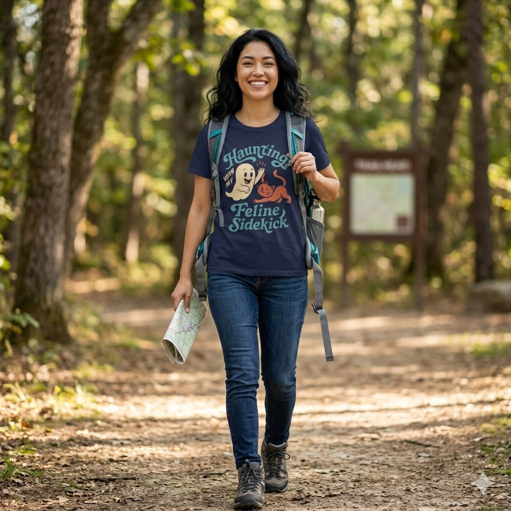 Women's "Feline Sidekick" Hiking T-Shirt | Premium Cat Mom Adventure Tee
