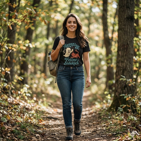 Women's "Feline Sidekick" Hiking T-Shirt | Premium Cat Mom Adventure Tee