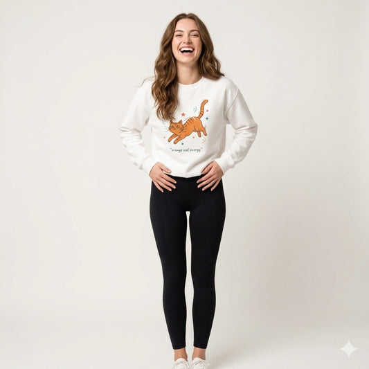 American women's Orange Cat Energy Sweatshirt — Cute Ginger Cat Graphic Crewneck