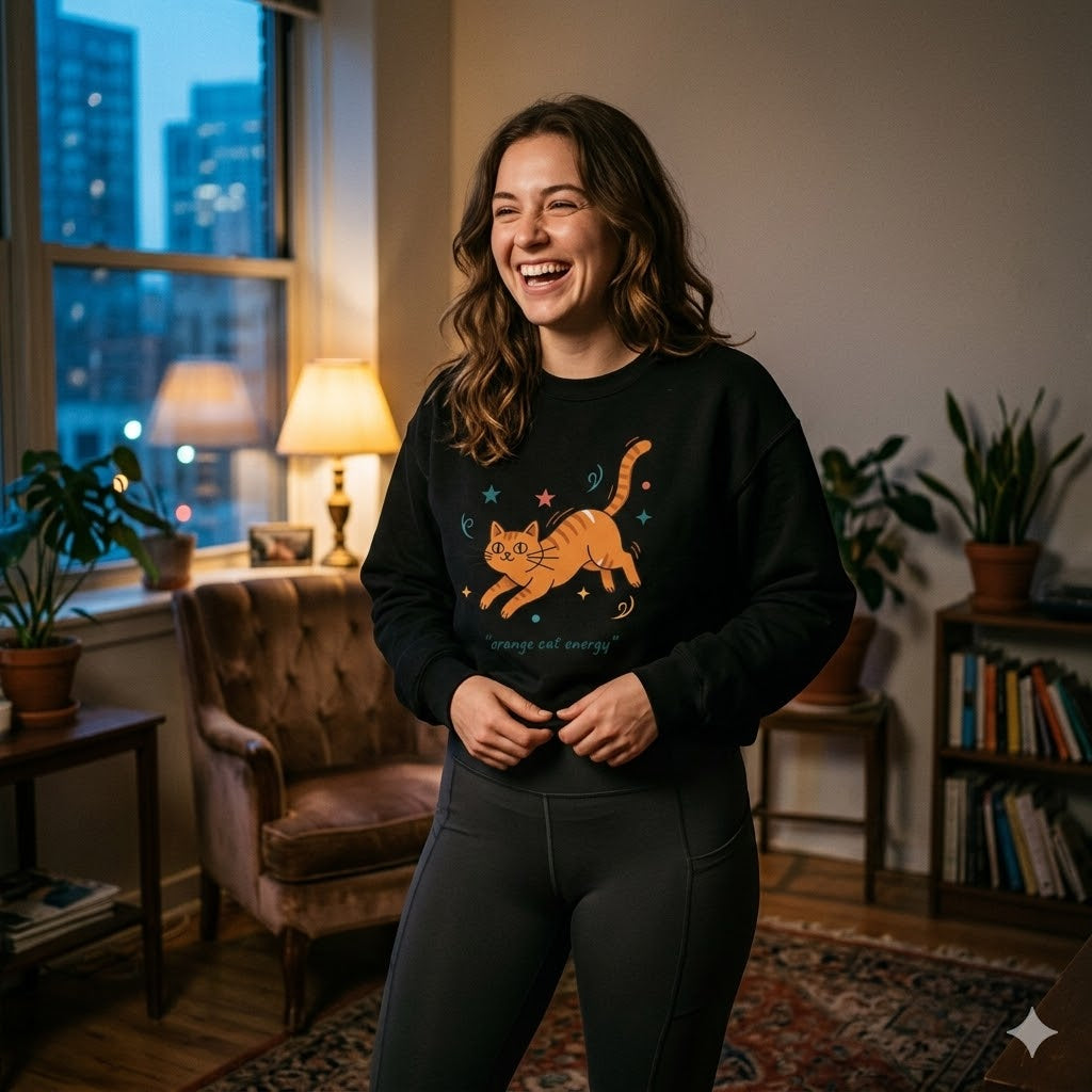 American women's Orange Cat Energy Sweatshirt — Cute Ginger Cat Graphic Crewneck