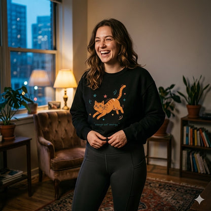 American women's Orange Cat Energy Sweatshirt — Cute Ginger Cat Graphic Crewneck