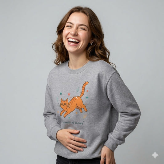 American women's Orange Cat Energy Sweatshirt — Cute Ginger Cat Graphic Crewneck