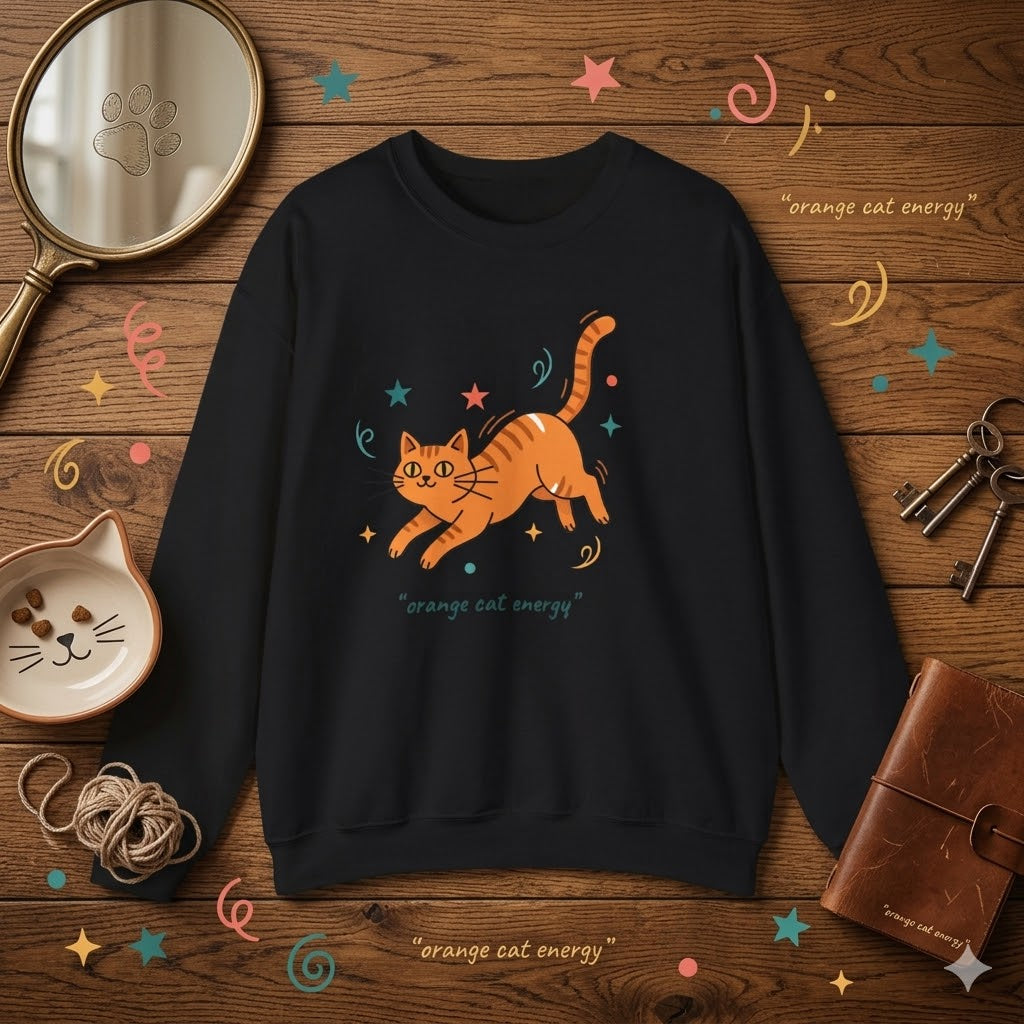 American women's Orange Cat Energy Sweatshirt — Cute Ginger Cat Graphic Crewneck