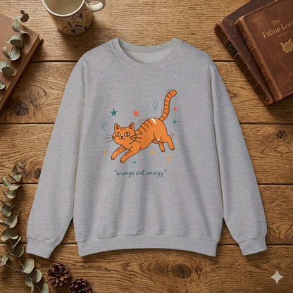 American women's Orange Cat Energy Sweatshirt — Cute Ginger Cat Graphic Crewneck