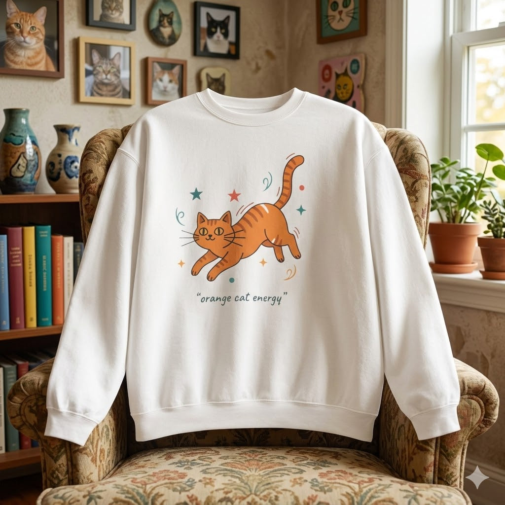 American women's Orange Cat Energy Sweatshirt — Cute Ginger Cat Graphic Crewneck